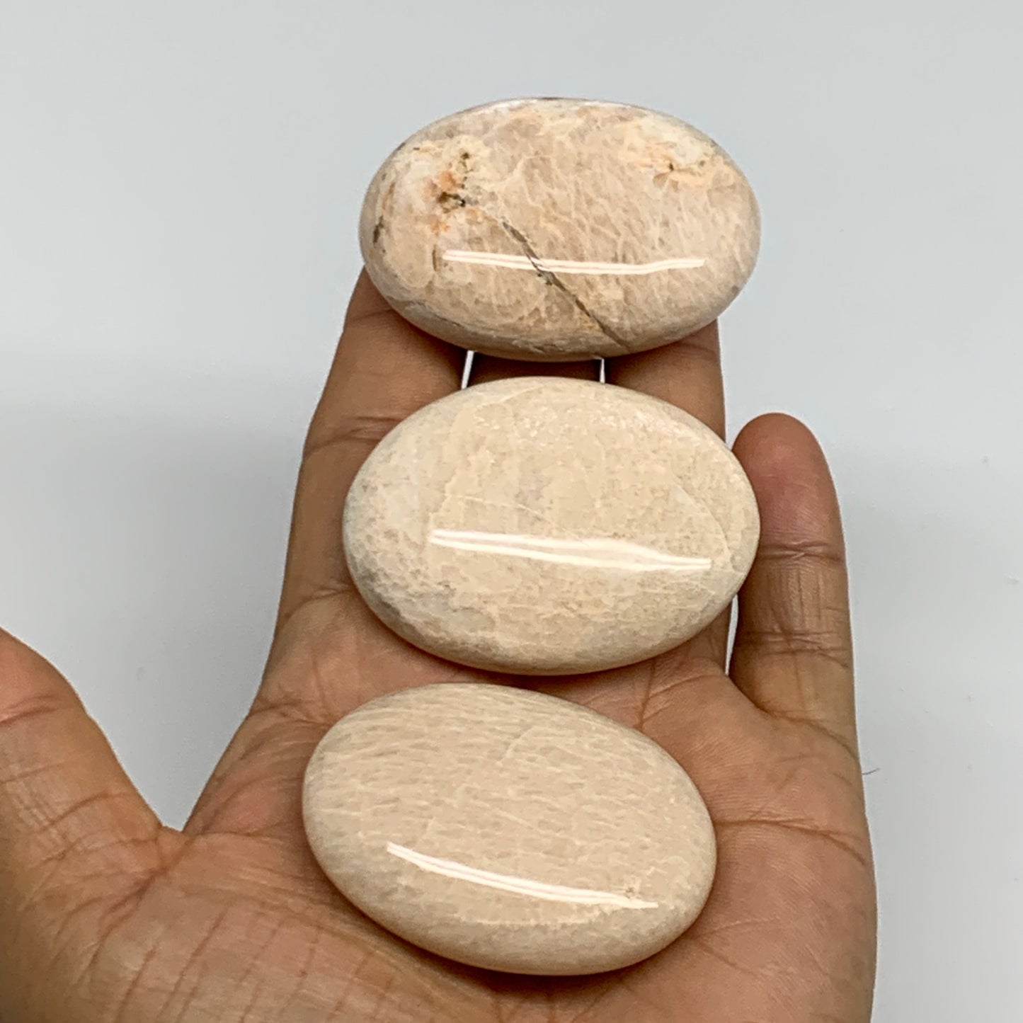 168.4g,1.9"-2.1", 3pcs, Peach Moonstone Crystal Palm-Stone Polished Reiki, B2797