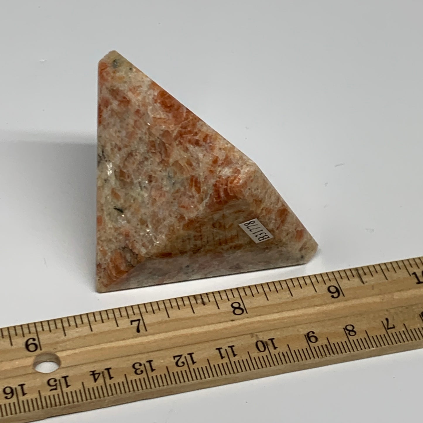 0.33 lbs, 1.8"x2.1"x2.1", Sunstone Pyramid Gemstone, Polished Gemstone, B31778