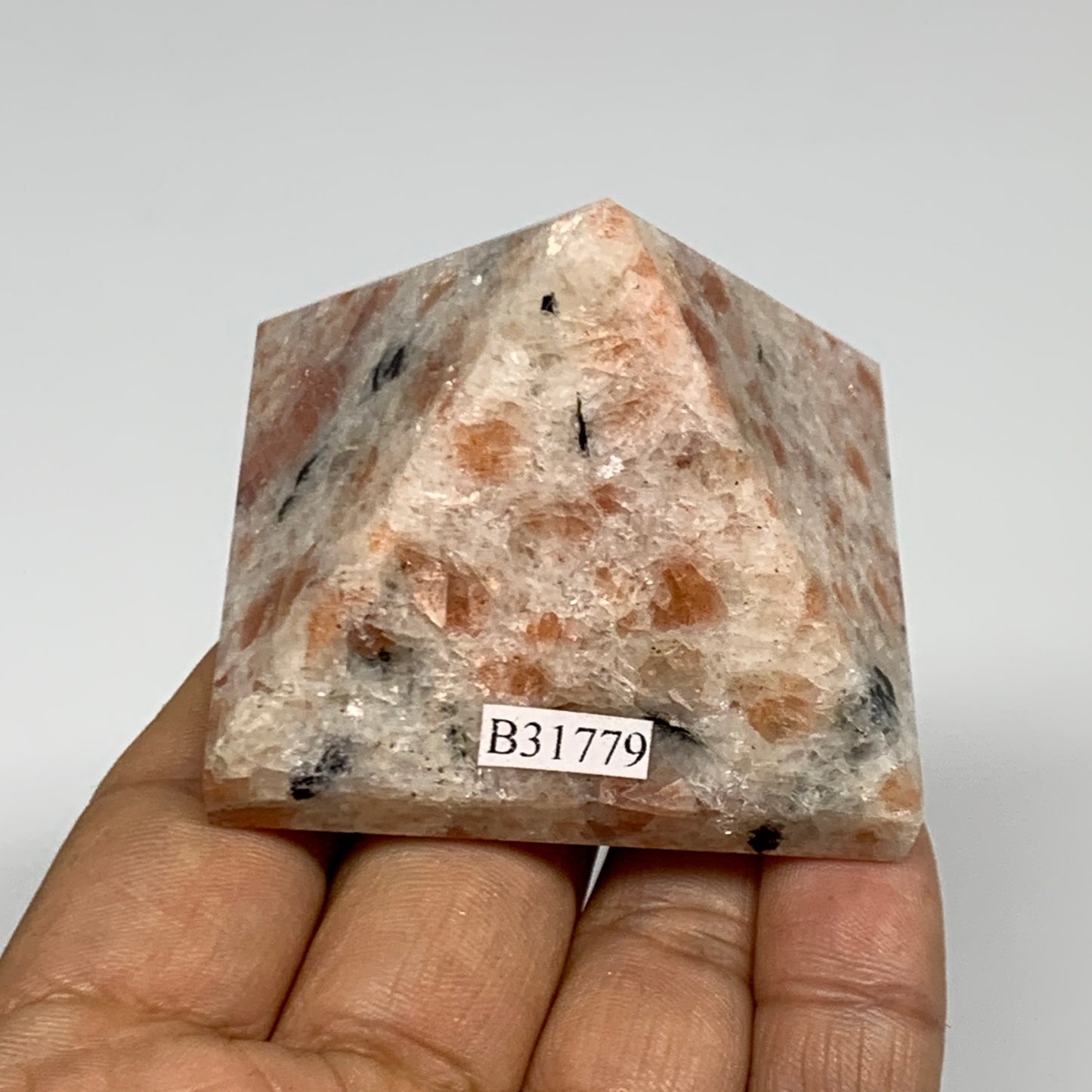 0.31 lbs, 1.6"x2.1"x2.1", Sunstone Pyramid Gemstone, Polished Gemstone, B31779