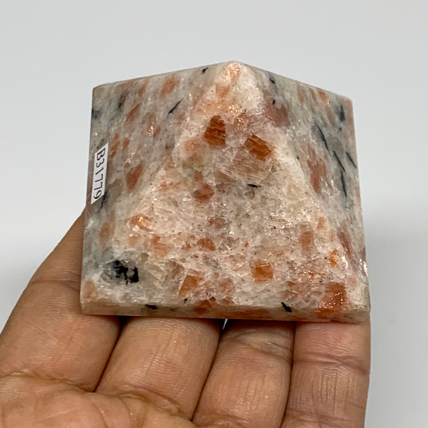 0.31 lbs, 1.6"x2.1"x2.1", Sunstone Pyramid Gemstone, Polished Gemstone, B31779