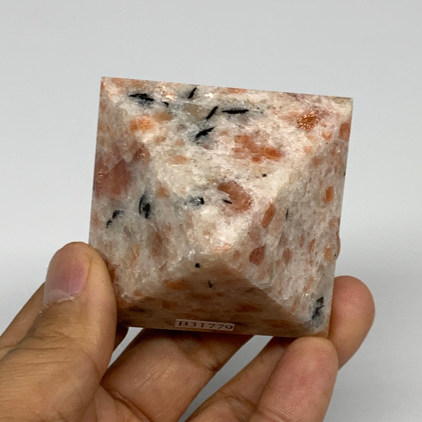 0.31 lbs, 1.6"x2.1"x2.1", Sunstone Pyramid Gemstone, Polished Gemstone, B31779