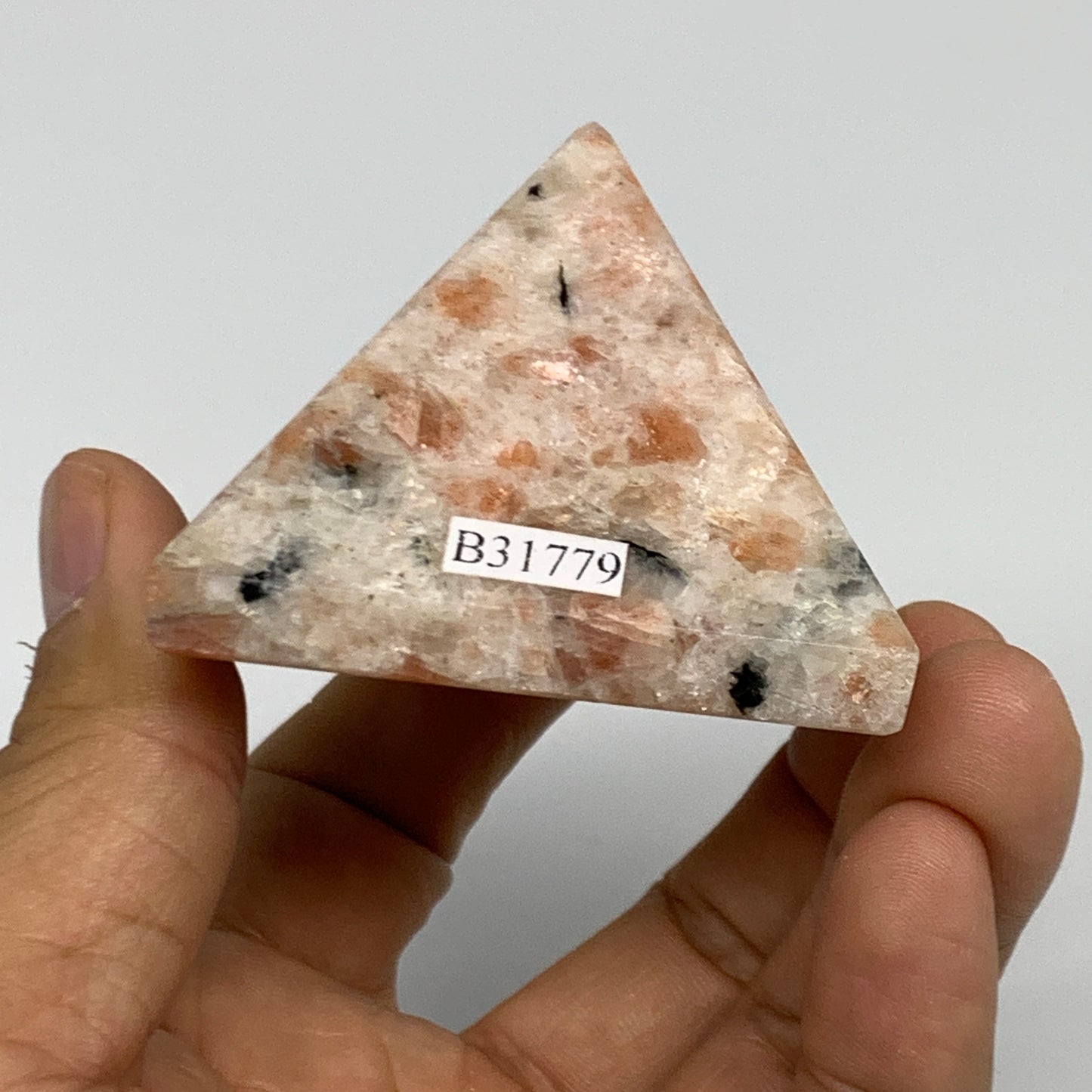 0.31 lbs, 1.6"x2.1"x2.1", Sunstone Pyramid Gemstone, Polished Gemstone, B31779