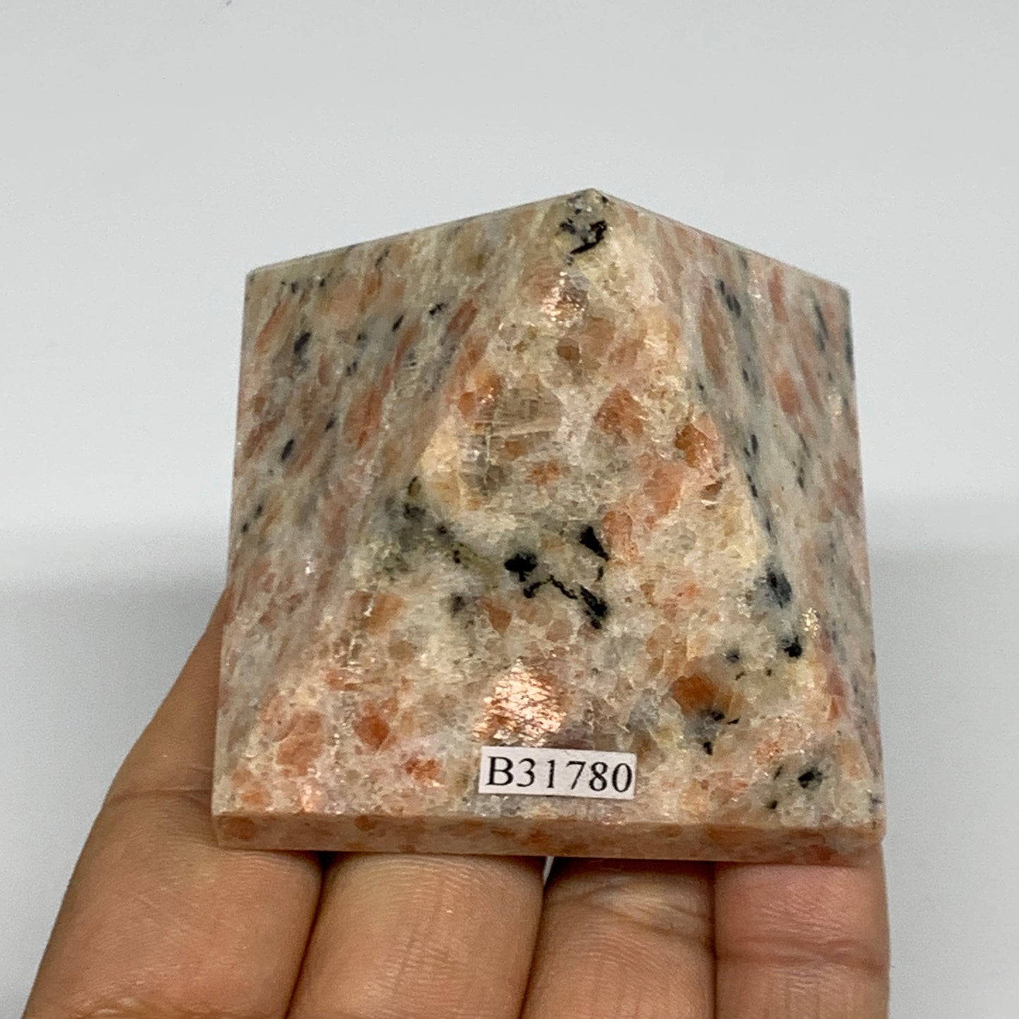 0.42 lbs, 2.1"x2.2"x2.2", Sunstone Pyramid Gemstone, Polished Gemstone, B31780