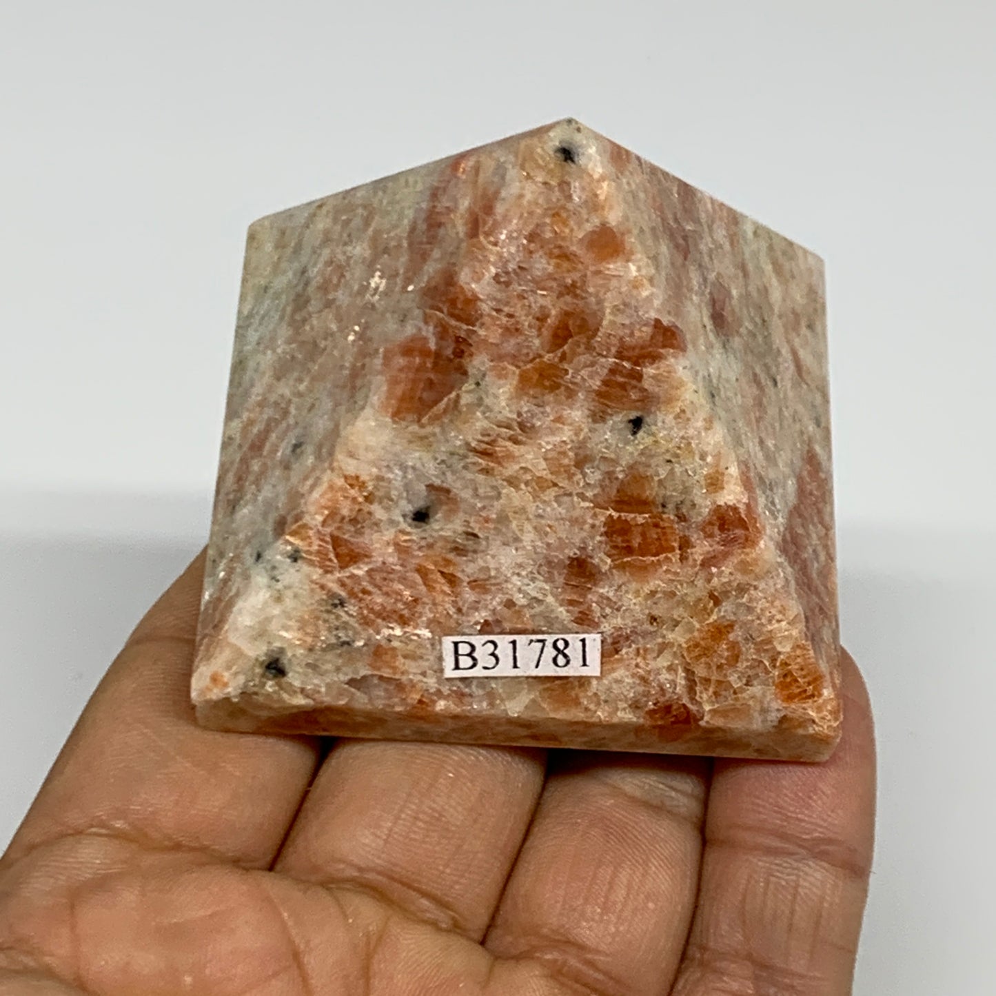 0.36 lbs, 1.9"x2.1"x2.1", Sunstone Pyramid Gemstone, Polished Gemstone, B31781