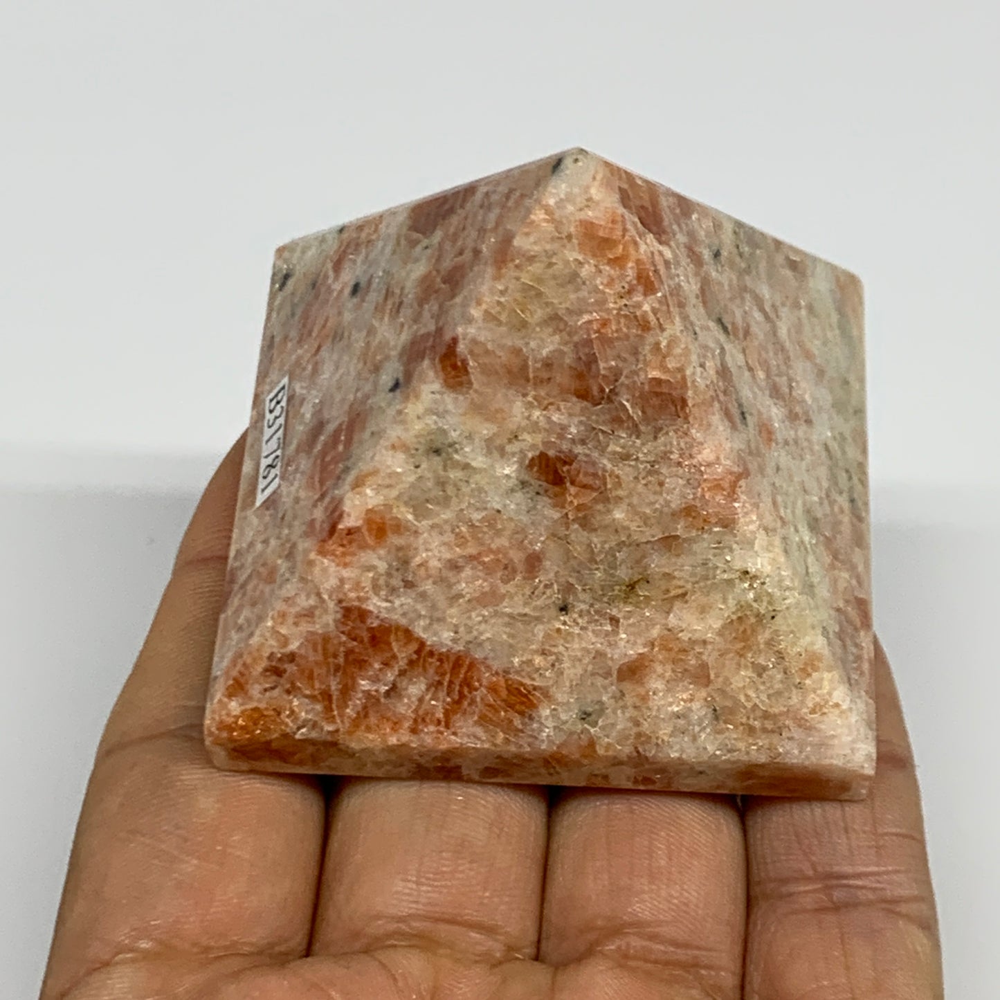 0.36 lbs, 1.9"x2.1"x2.1", Sunstone Pyramid Gemstone, Polished Gemstone, B31781