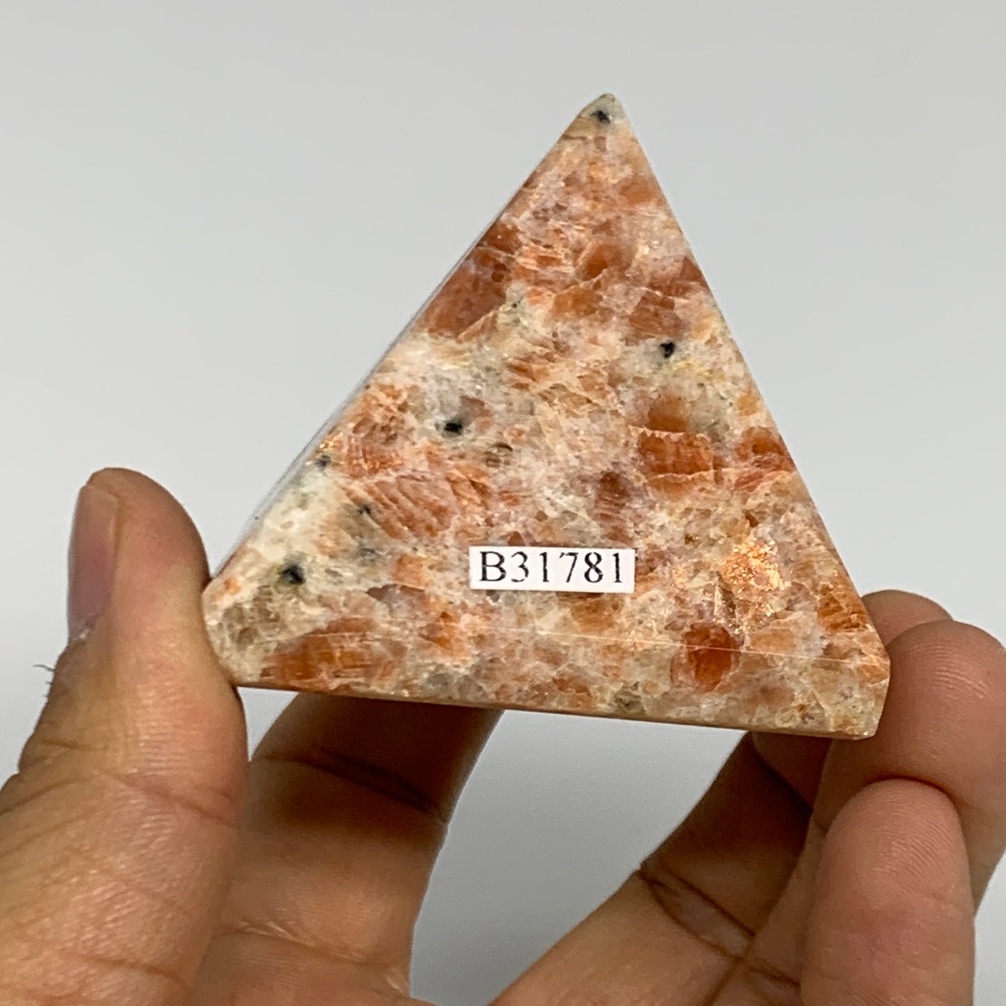 0.36 lbs, 1.9"x2.1"x2.1", Sunstone Pyramid Gemstone, Polished Gemstone, B31781