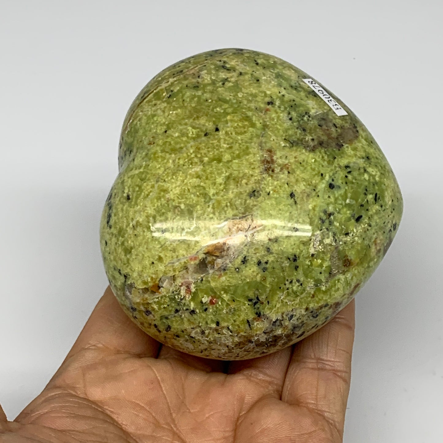 0.73 lbs, 3"x3.4"x1.9", Green Opal Heart Polished Gemstone @Madagascar, B30978