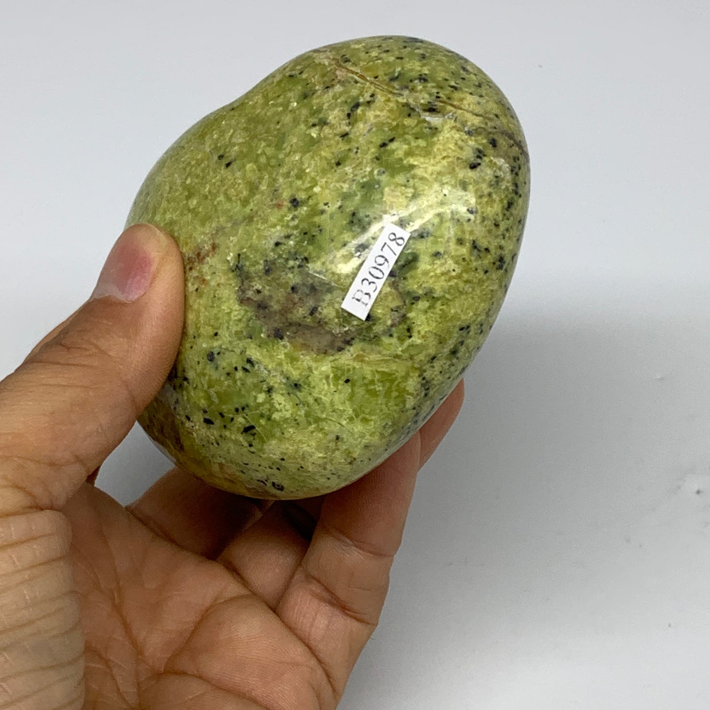 0.73 lbs, 3"x3.4"x1.9", Green Opal Heart Polished Gemstone @Madagascar, B30978