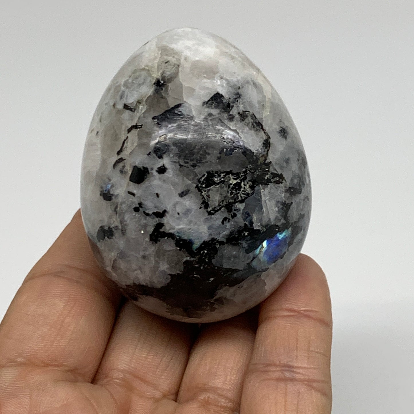 163.5g, 2.3"x1.8", Natural Gemstone White Rainbow Moonstone Egg, B34430