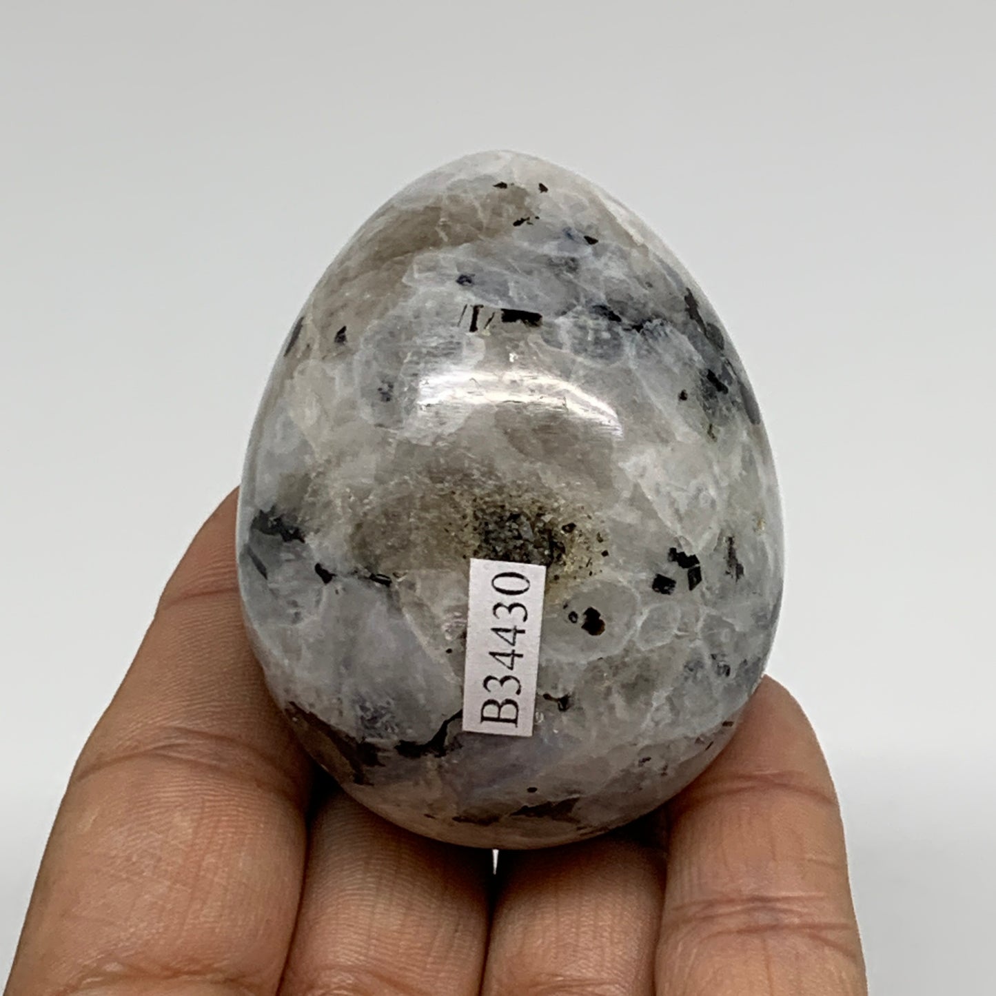 163.5g, 2.3"x1.8", Natural Gemstone White Rainbow Moonstone Egg, B34430