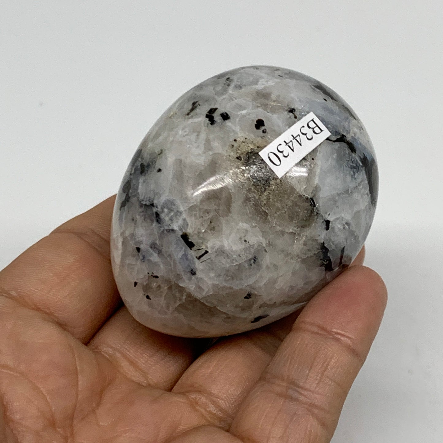 163.5g, 2.3"x1.8", Natural Gemstone White Rainbow Moonstone Egg, B34430