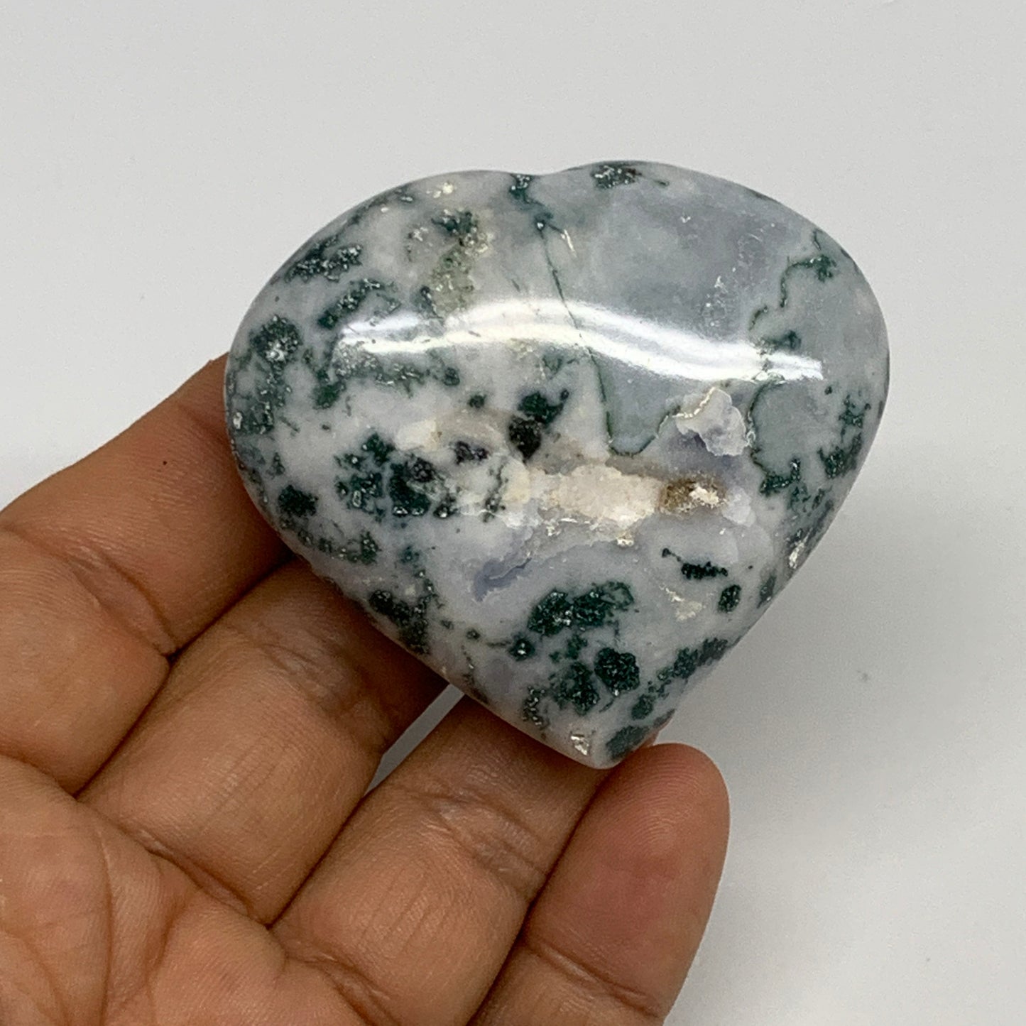 75g, 2"x2.2"x0.8", Natural Moss Agate Heart Crystal Gemstone @India, B29529