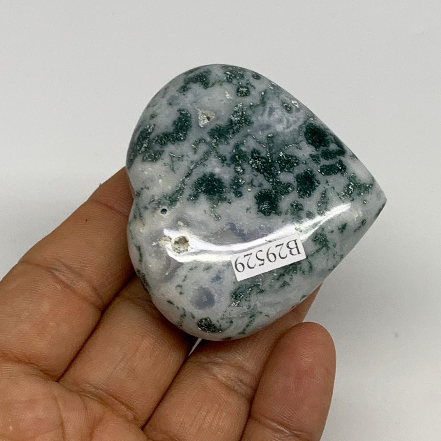 75g, 2"x2.2"x0.8", Natural Moss Agate Heart Crystal Gemstone @India, B29529