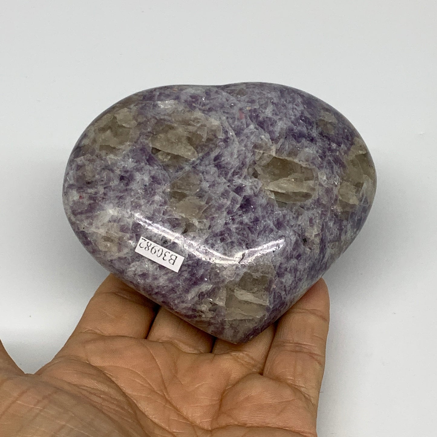 0.88 lbs, 3.3"x3.7"x1.4", Natural Lepidolite Heart Crystal Gemstone, B30982