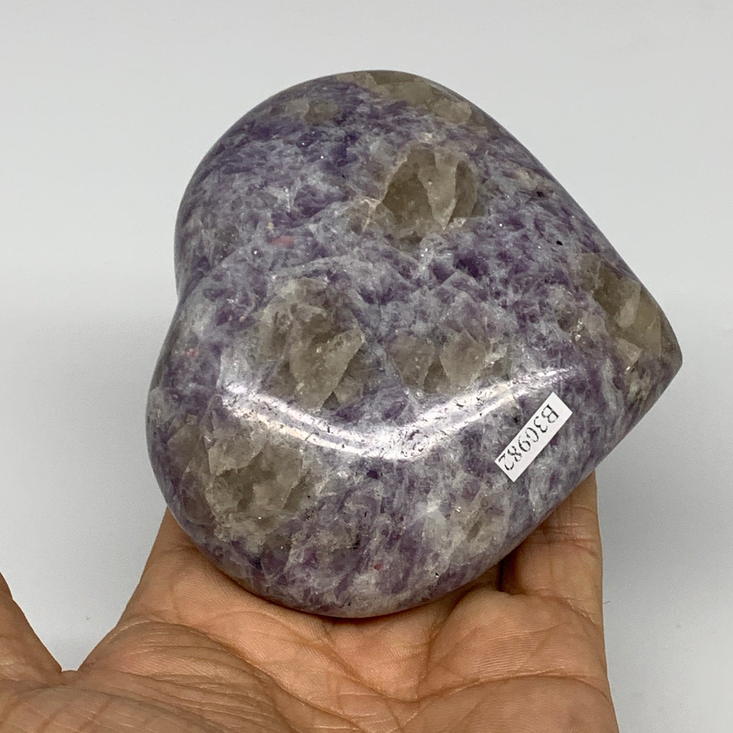 0.88 lbs, 3.3"x3.7"x1.4", Natural Lepidolite Heart Crystal Gemstone, B30982
