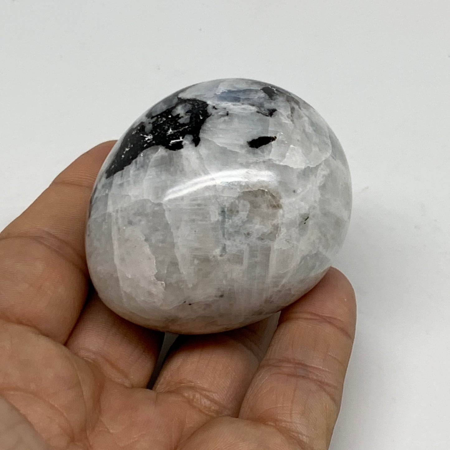 153.7g, 2.2"x1.8", Natural Gemstone White Rainbow Moonstone Egg, B34434