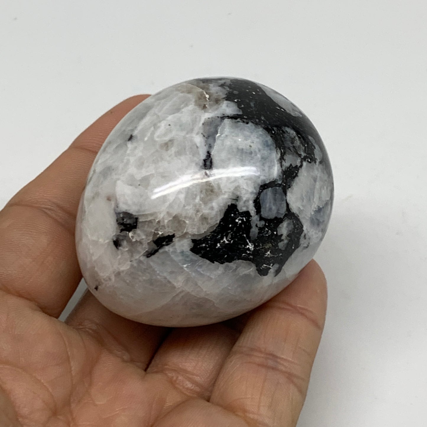 153.7g, 2.2"x1.8", Natural Gemstone White Rainbow Moonstone Egg, B34434