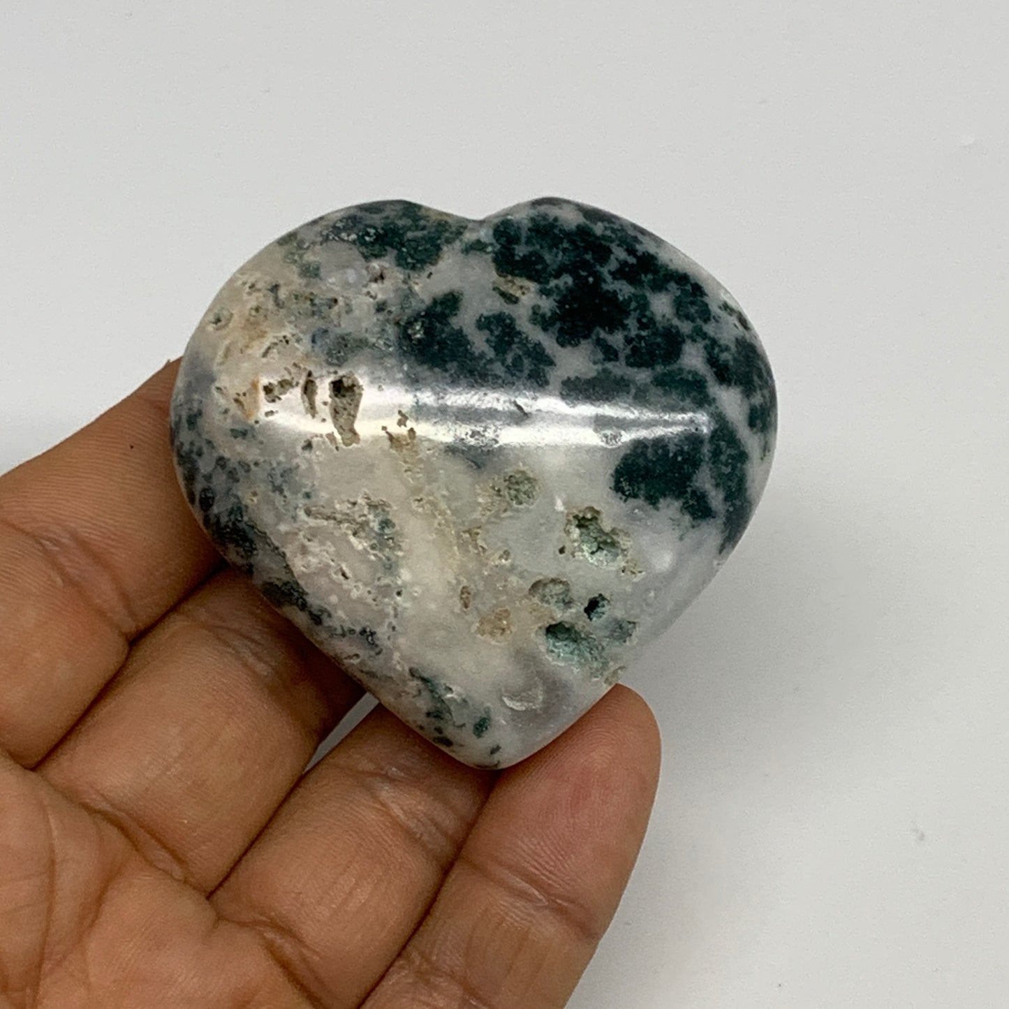 73g, 2"x2.2"x0.9", Natural Moss Agate Heart Crystal Gemstone @India, B29532