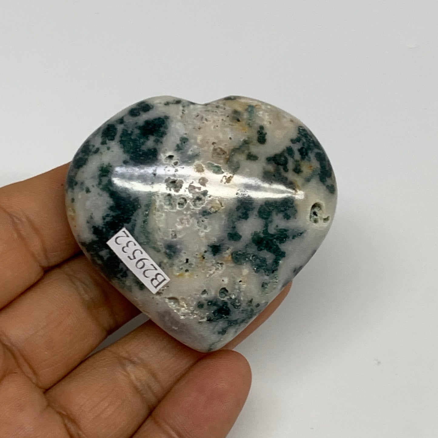 73g, 2"x2.2"x0.9", Natural Moss Agate Heart Crystal Gemstone @India, B29532