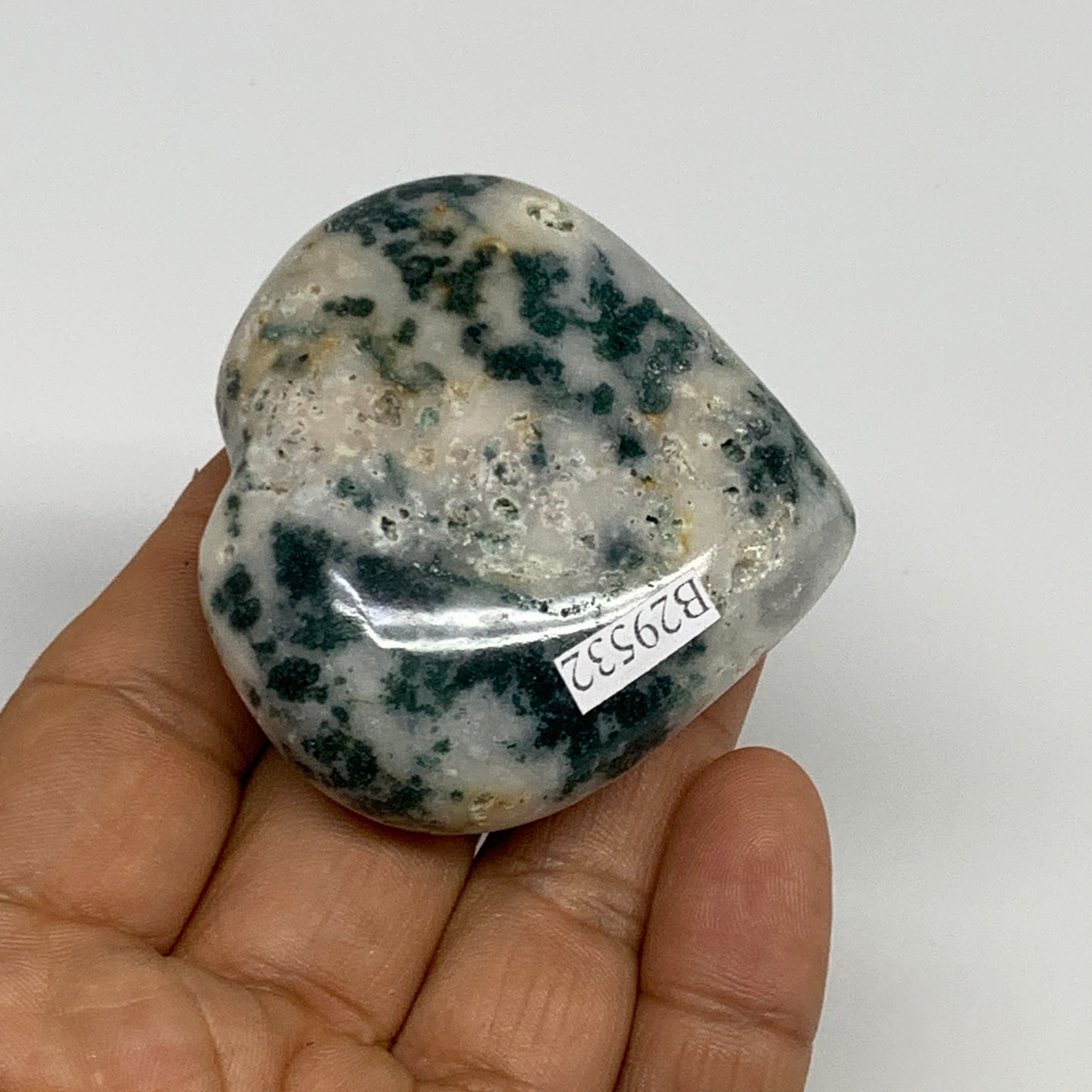 73g, 2"x2.2"x0.9", Natural Moss Agate Heart Crystal Gemstone @India, B29532
