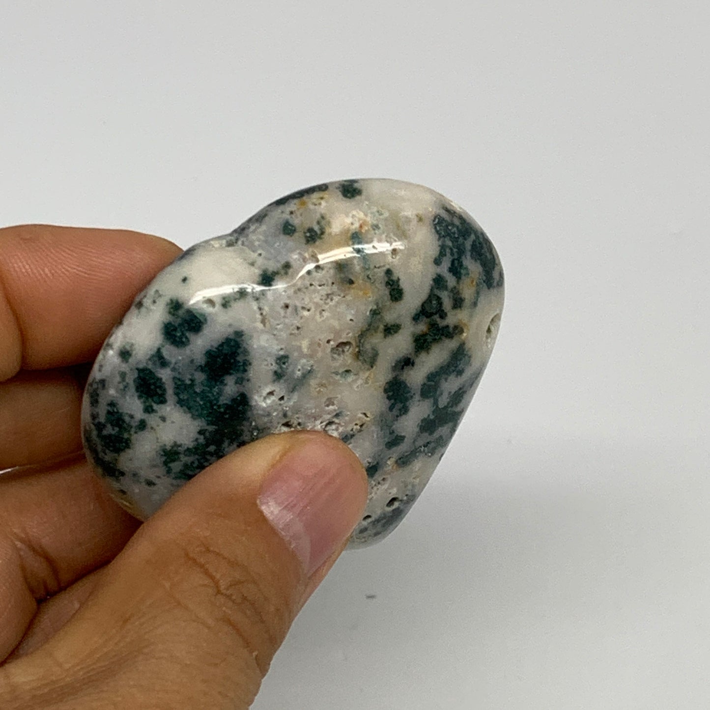 73g, 2"x2.2"x0.9", Natural Moss Agate Heart Crystal Gemstone @India, B29532