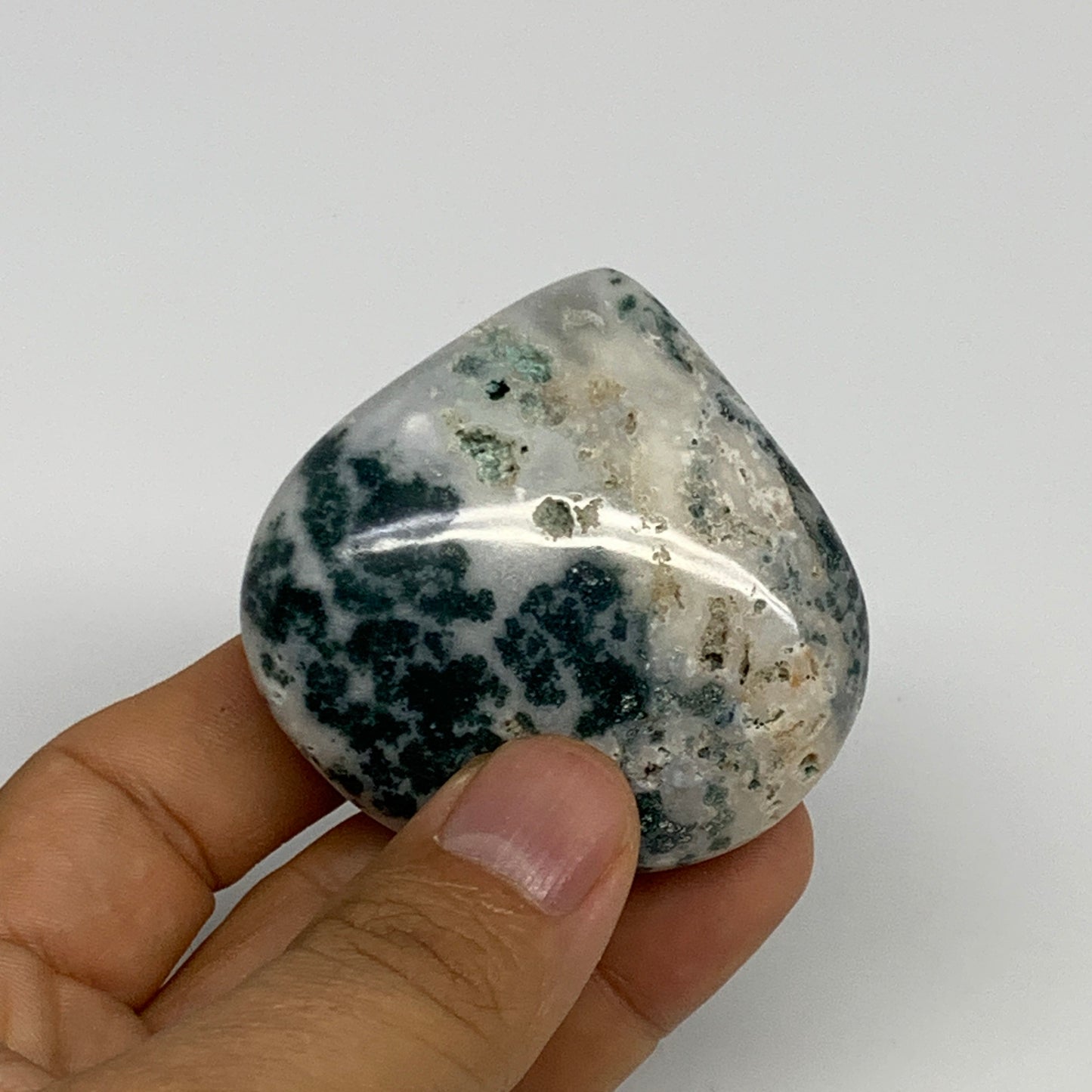 73g, 2"x2.2"x0.9", Natural Moss Agate Heart Crystal Gemstone @India, B29532