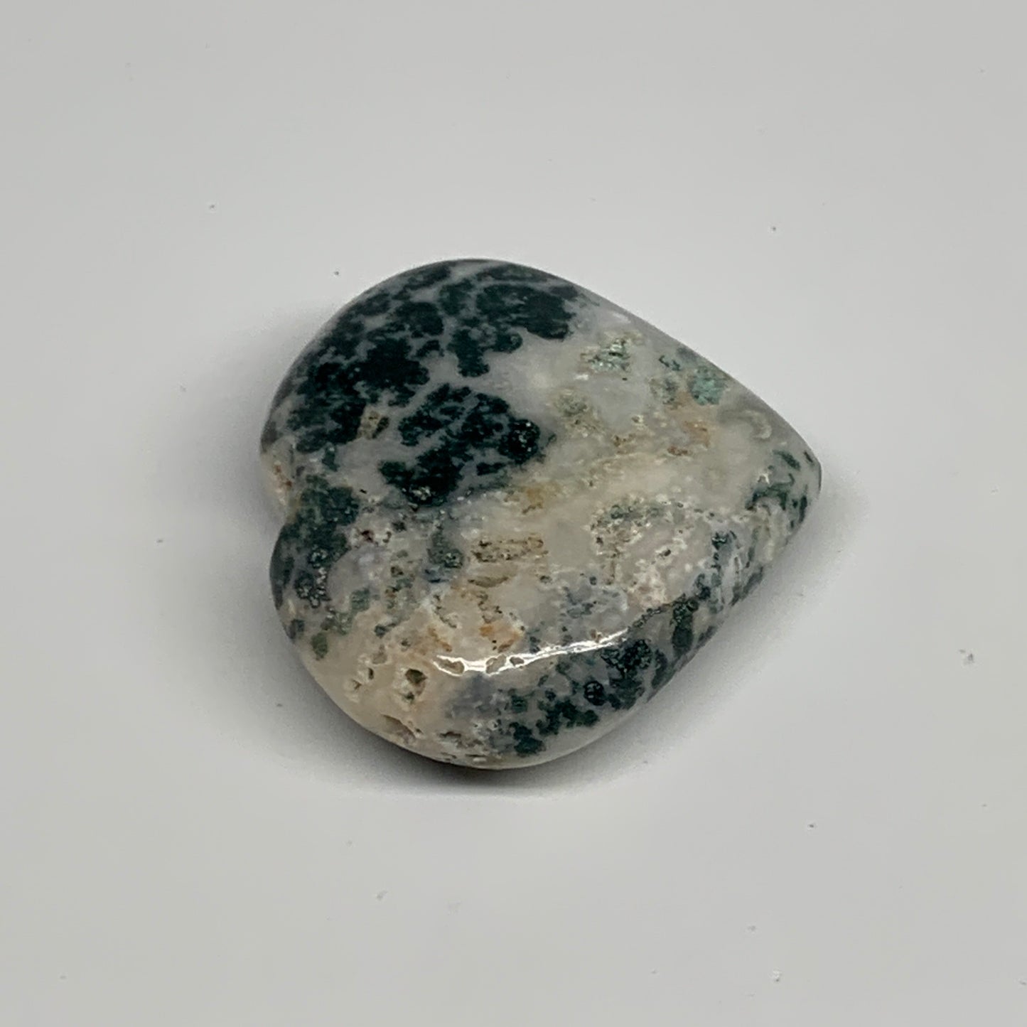 73g, 2"x2.2"x0.9", Natural Moss Agate Heart Crystal Gemstone @India, B29532