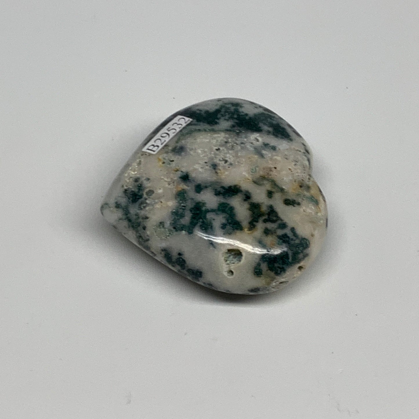 73g, 2"x2.2"x0.9", Natural Moss Agate Heart Crystal Gemstone @India, B29532