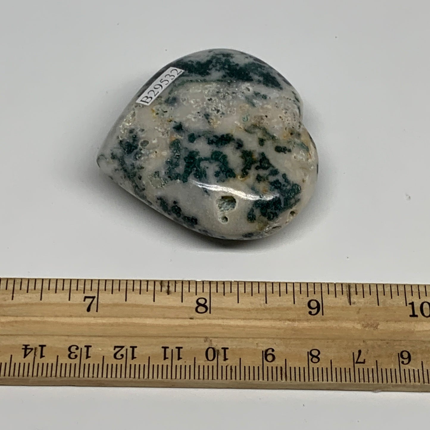 73g, 2"x2.2"x0.9", Natural Moss Agate Heart Crystal Gemstone @India, B29532