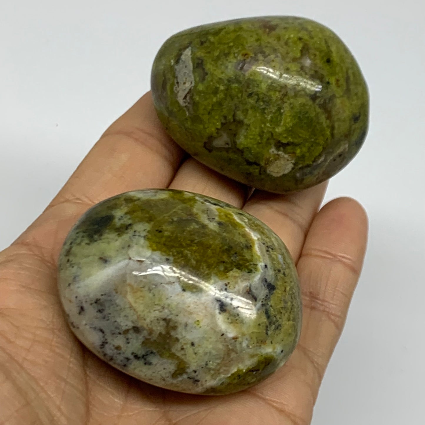 166.5g, 2.1"-2.1", 2pcs, Green Opal Crystal PalmStone Polished Reiki, B38314