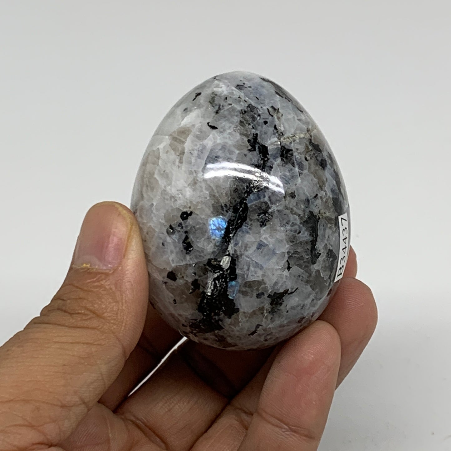 166.3g, 2.3"x1.8", Natural Gemstone White Rainbow Moonstone Egg, B34437