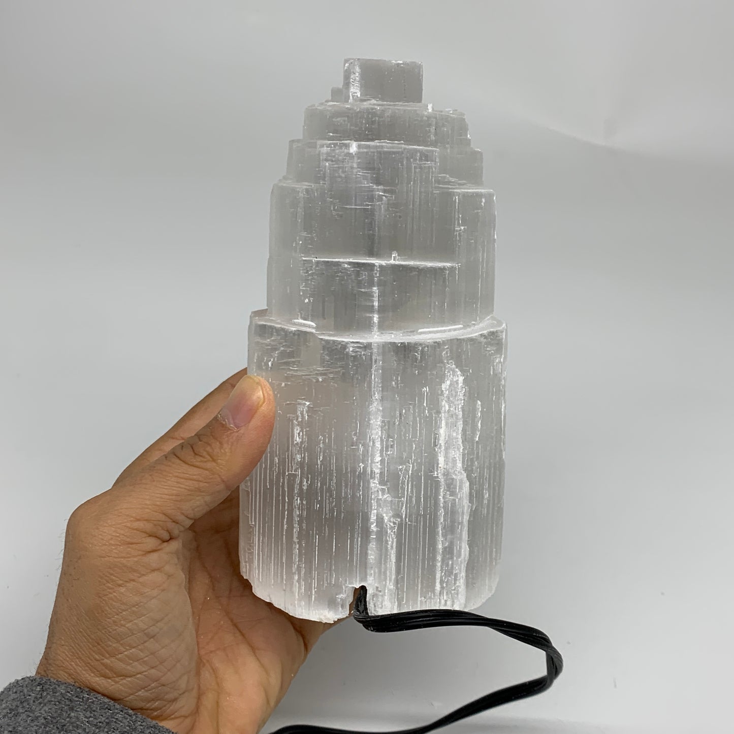2 lbs, 5.9"x3", Raw Rough Selenite (Satin Spar) Lamp Tower, 6ft Chord, B35873