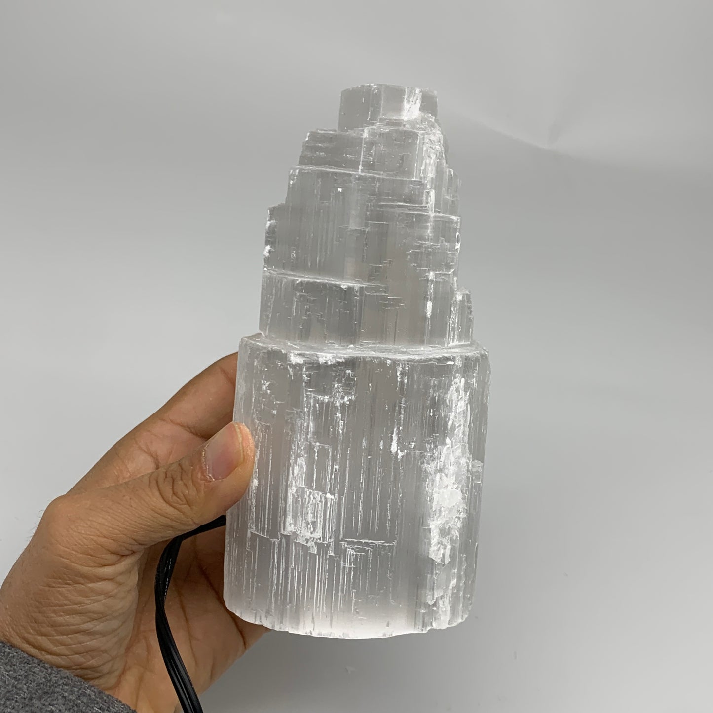 2 lbs, 5.9"x3", Raw Rough Selenite (Satin Spar) Lamp Tower, 6ft Chord, B35873