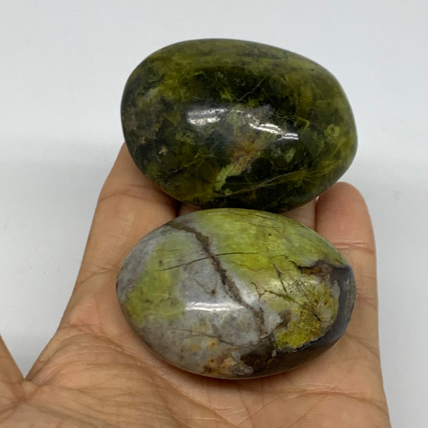 167.1g, 2.1"-2.3", 2pcs, Green Opal Crystal PalmStone Polished Reiki, B38317