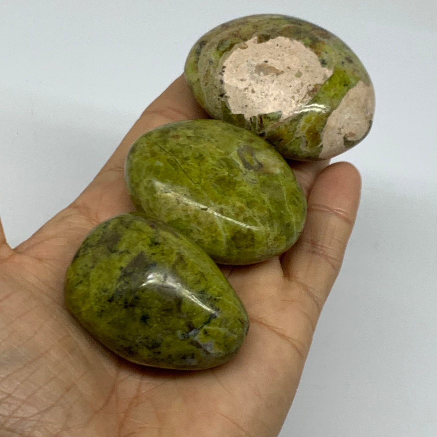 201.6g, 1.9"-2.2", 3pcs, Green Opal Crystal PalmStone Polished Reiki, B38318