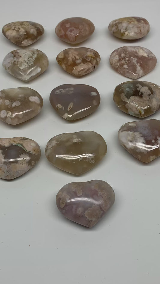 2.13 lbs, 1.6"-2.1",13pcs, Cherry Blossom Flower Agate Heart Crystal, B37183