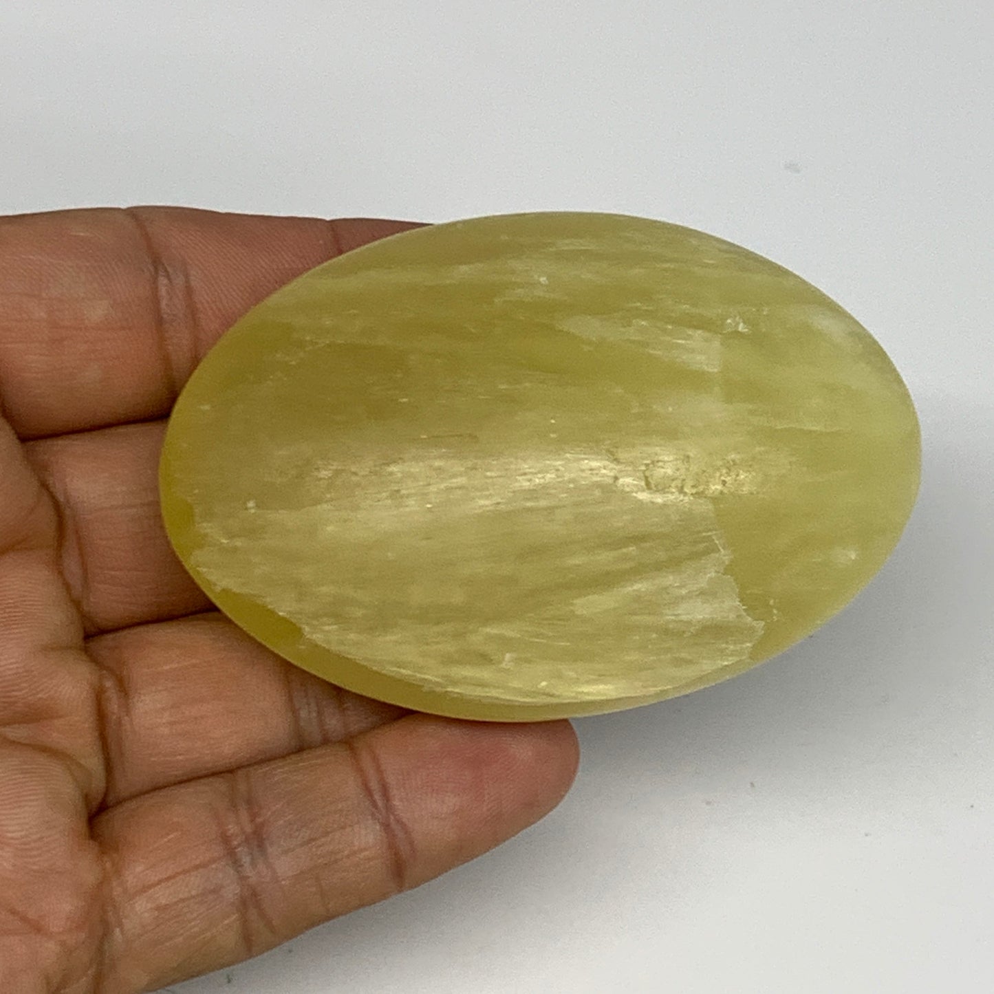 121.7g, 2.7"x1.9"x1", Lemon Calcite Palm-Stone Crystal Polished @Pakistan,B26403