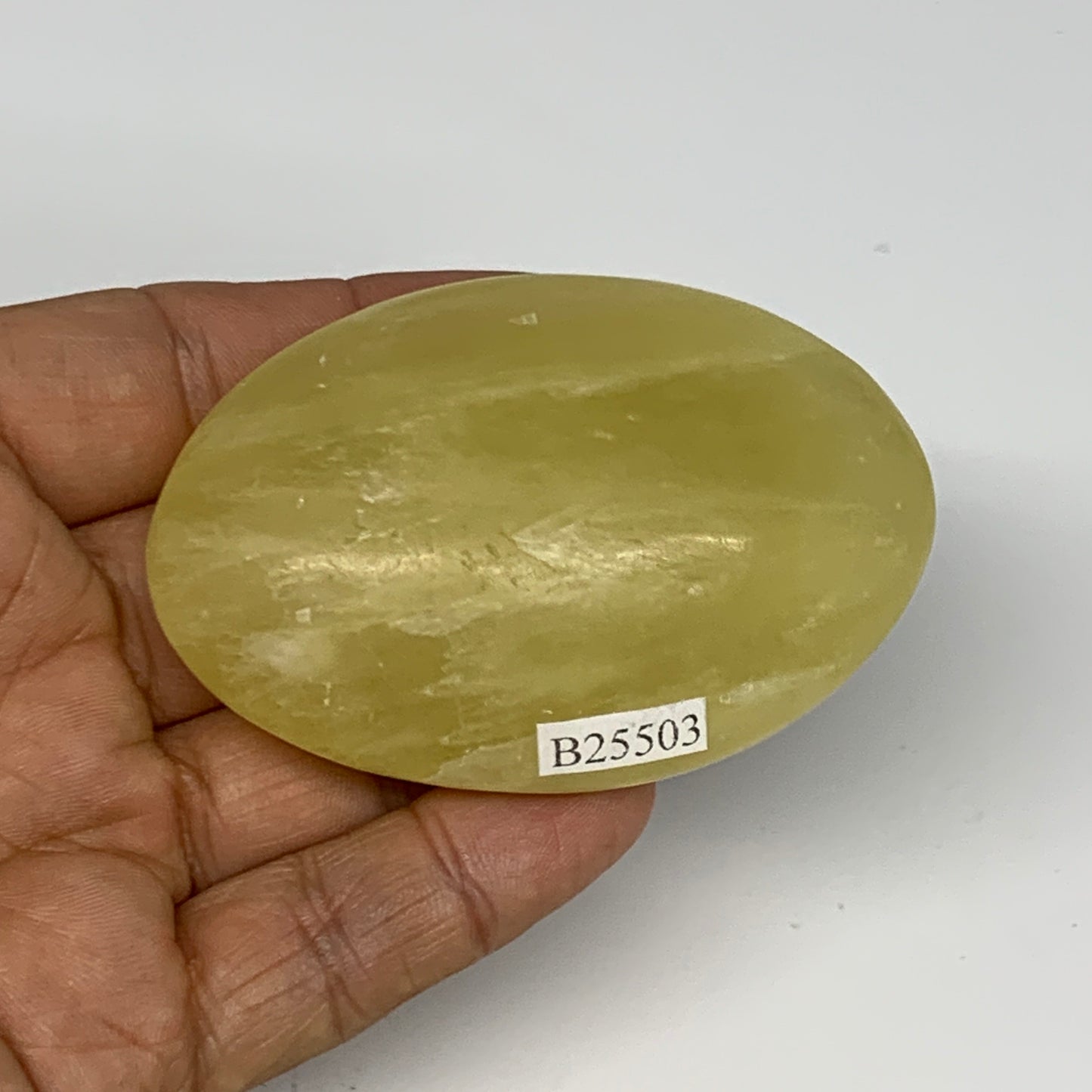 121.7g, 2.7"x1.9"x1", Lemon Calcite Palm-Stone Crystal Polished @Pakistan,B26403