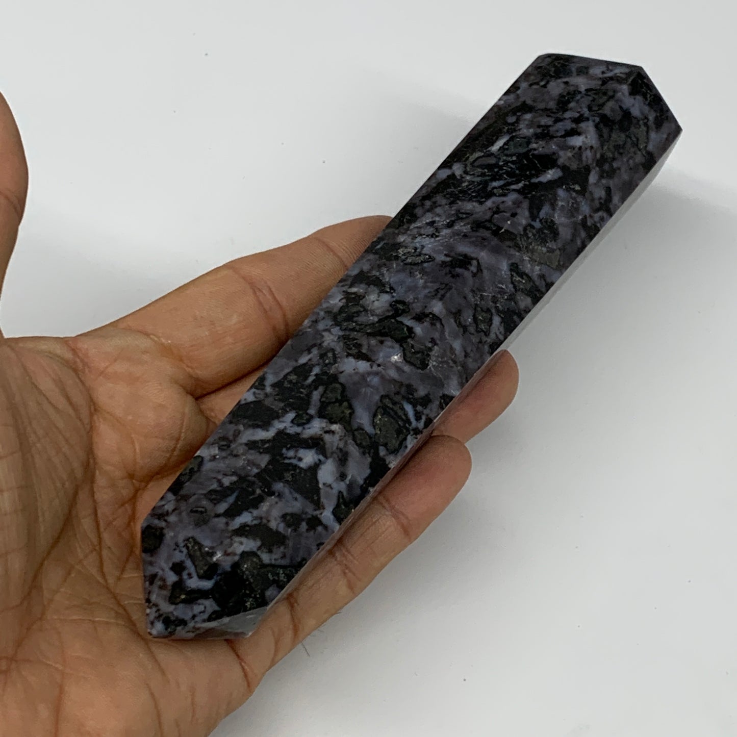 325.2g, 6.3" x 1.5" x 1.2" Indigo Gabro Merlinite Point Tower @Madagascar,B18378