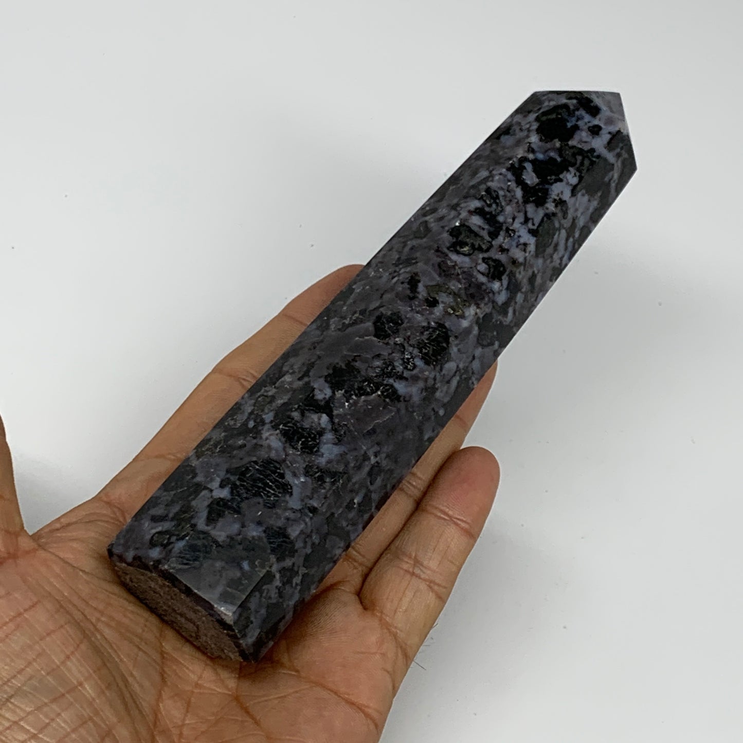 325.2g, 6.3" x 1.5" x 1.2" Indigo Gabro Merlinite Point Tower @Madagascar,B18378