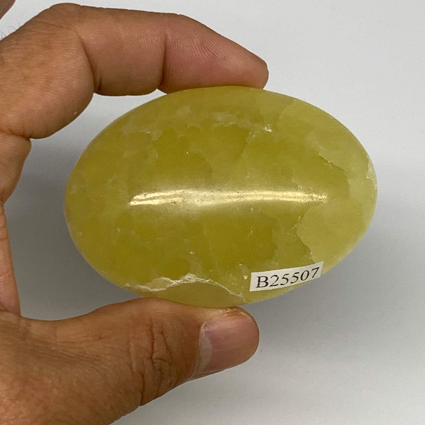 116.9g, 2.5"x1.8"x1.1", Lemon Calcite Palm-Stone Crystal Polished @Pakistan,B255