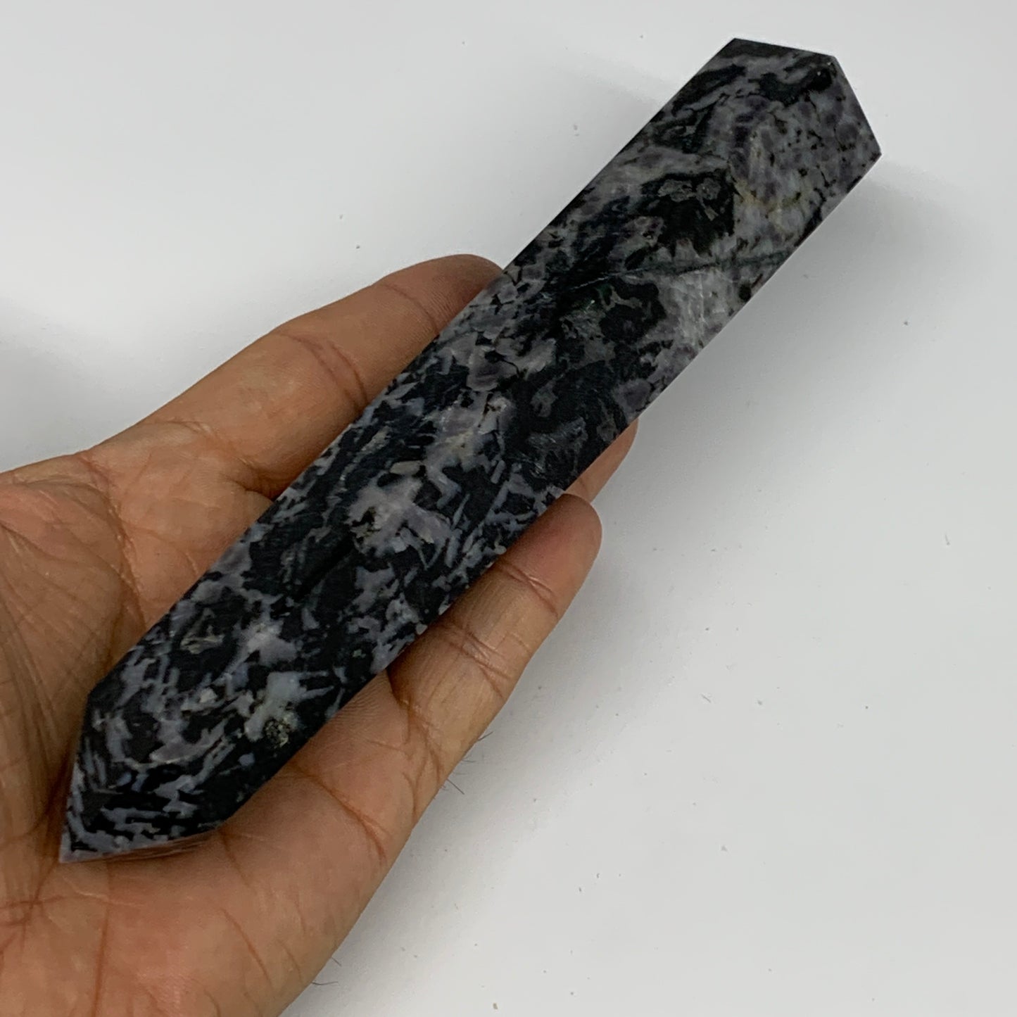 345.1g, 7.3" x 1.5" x 1.2" Indigo Gabro Merlinite Point Tower @Madagascar,B18382