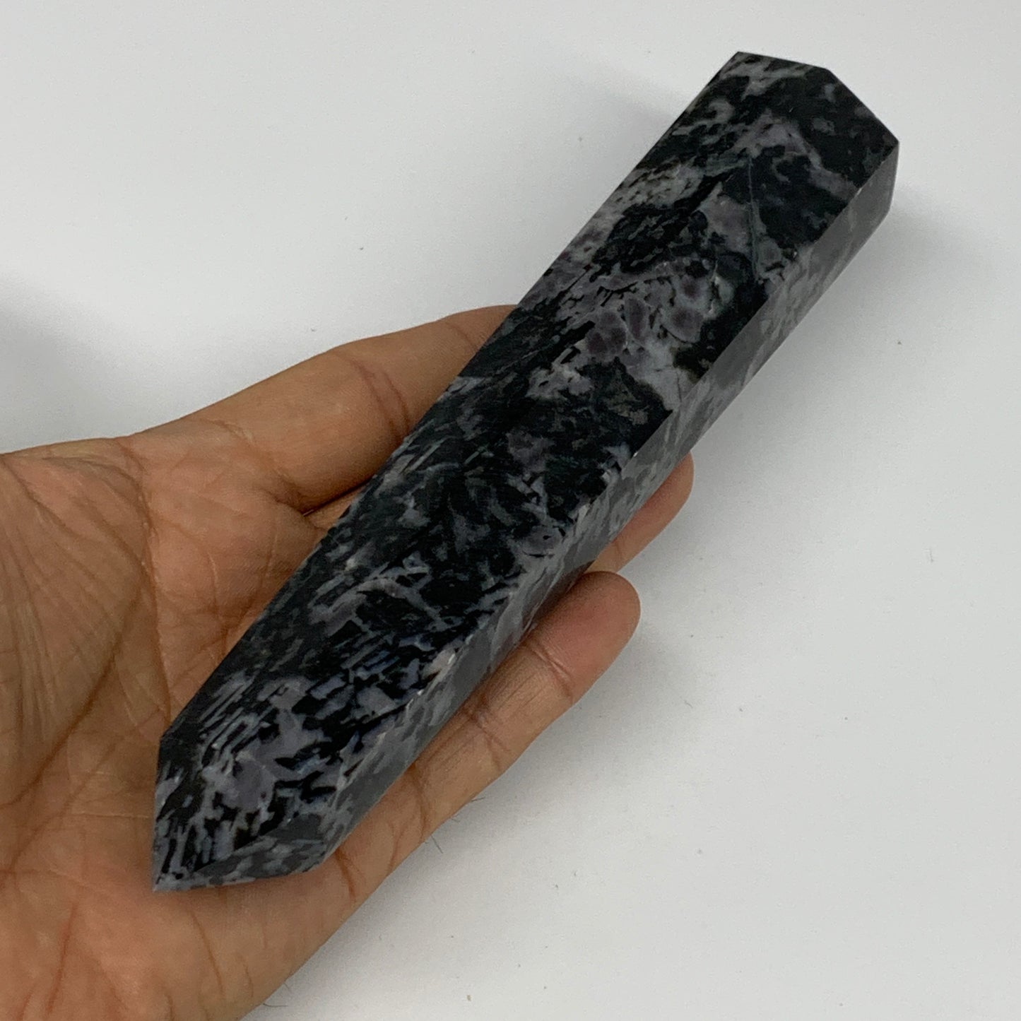345.1g, 7.3" x 1.5" x 1.2" Indigo Gabro Merlinite Point Tower @Madagascar,B18382