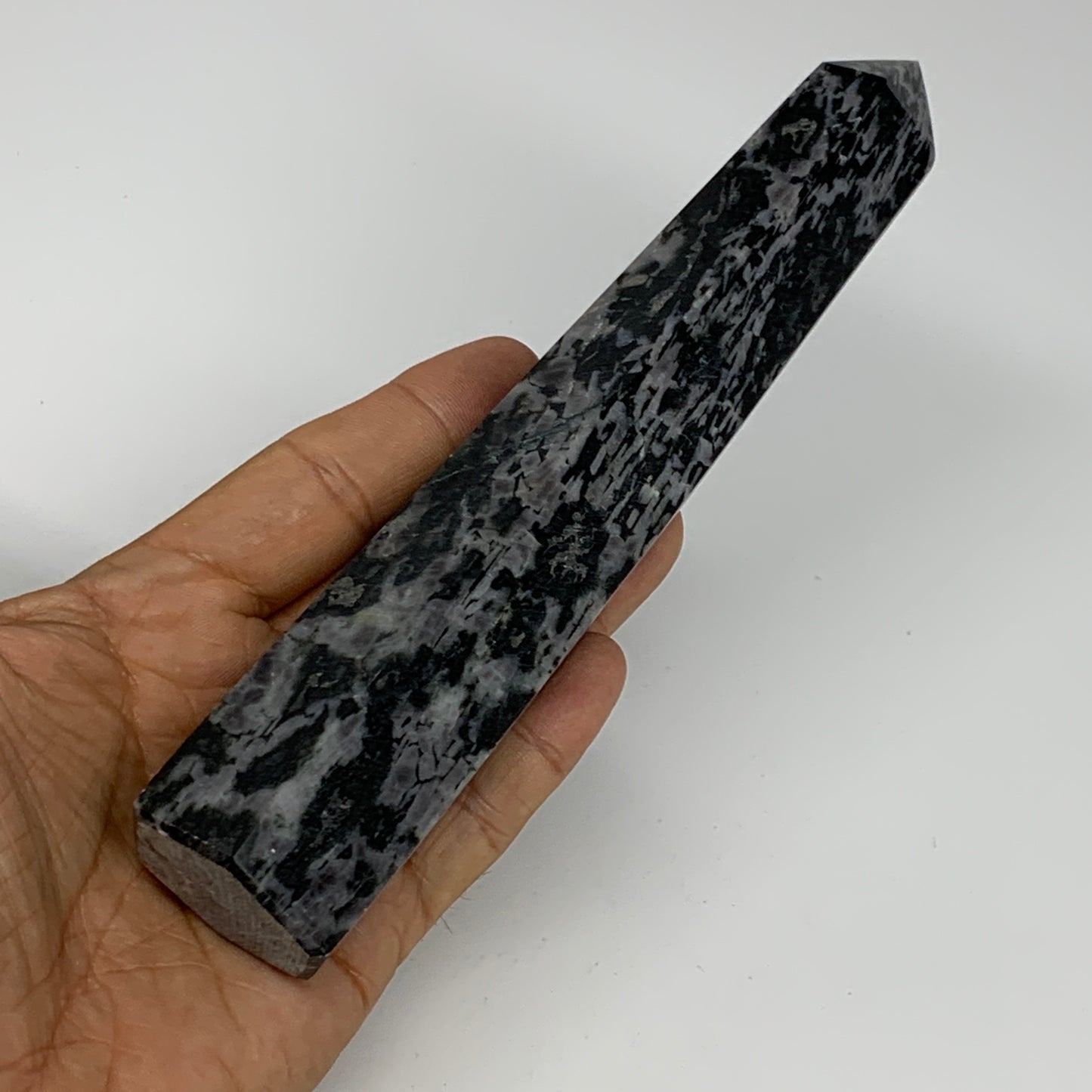 345.1g, 7.3" x 1.5" x 1.2" Indigo Gabro Merlinite Point Tower @Madagascar,B18382