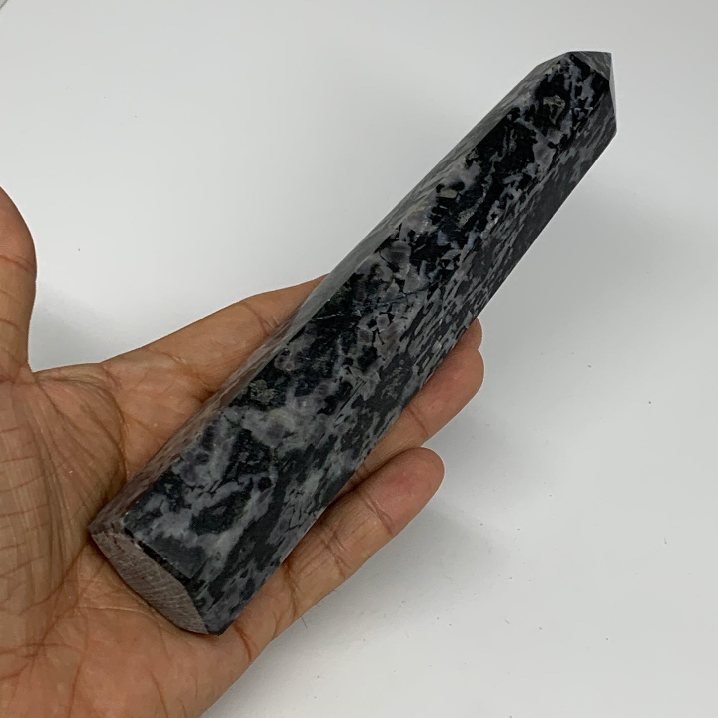 345.1g, 7.3" x 1.5" x 1.2" Indigo Gabro Merlinite Point Tower @Madagascar,B18382
