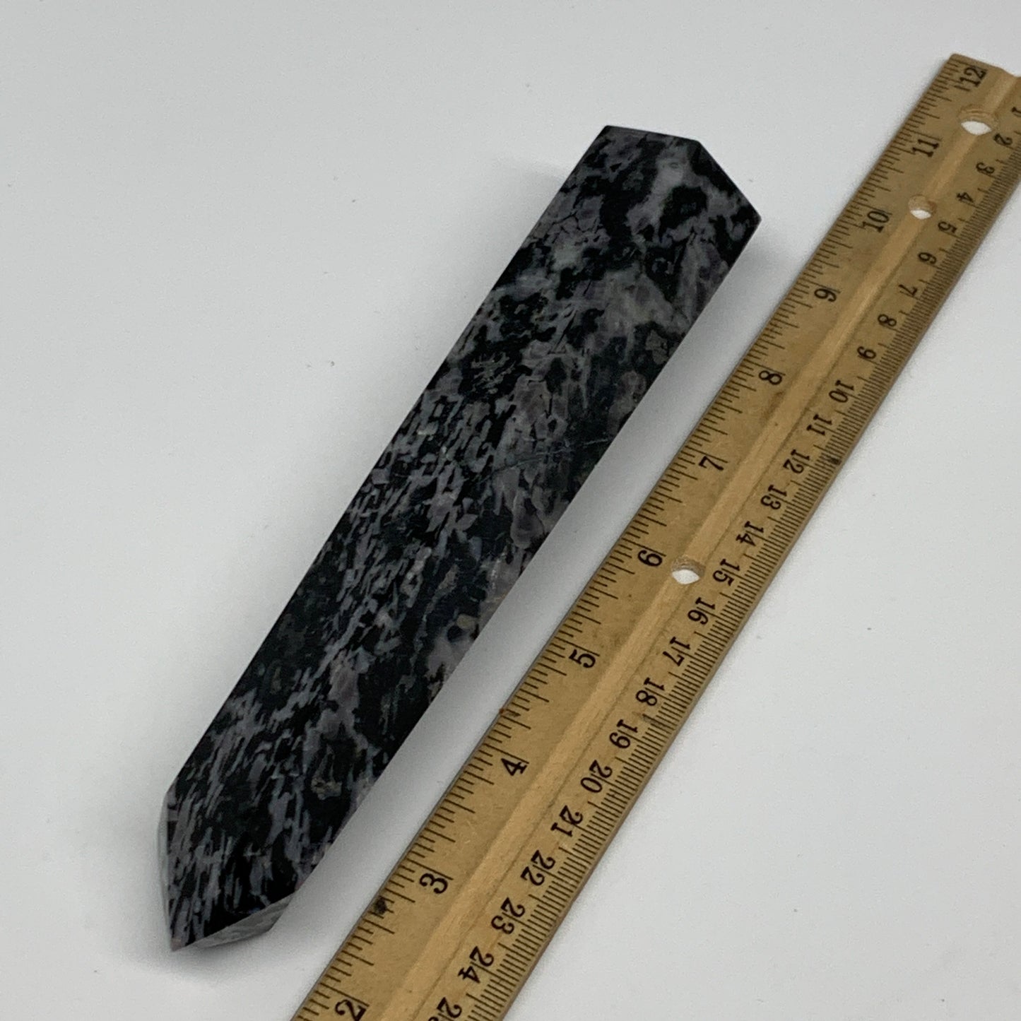 345.1g, 7.3" x 1.5" x 1.2" Indigo Gabro Merlinite Point Tower @Madagascar,B18382
