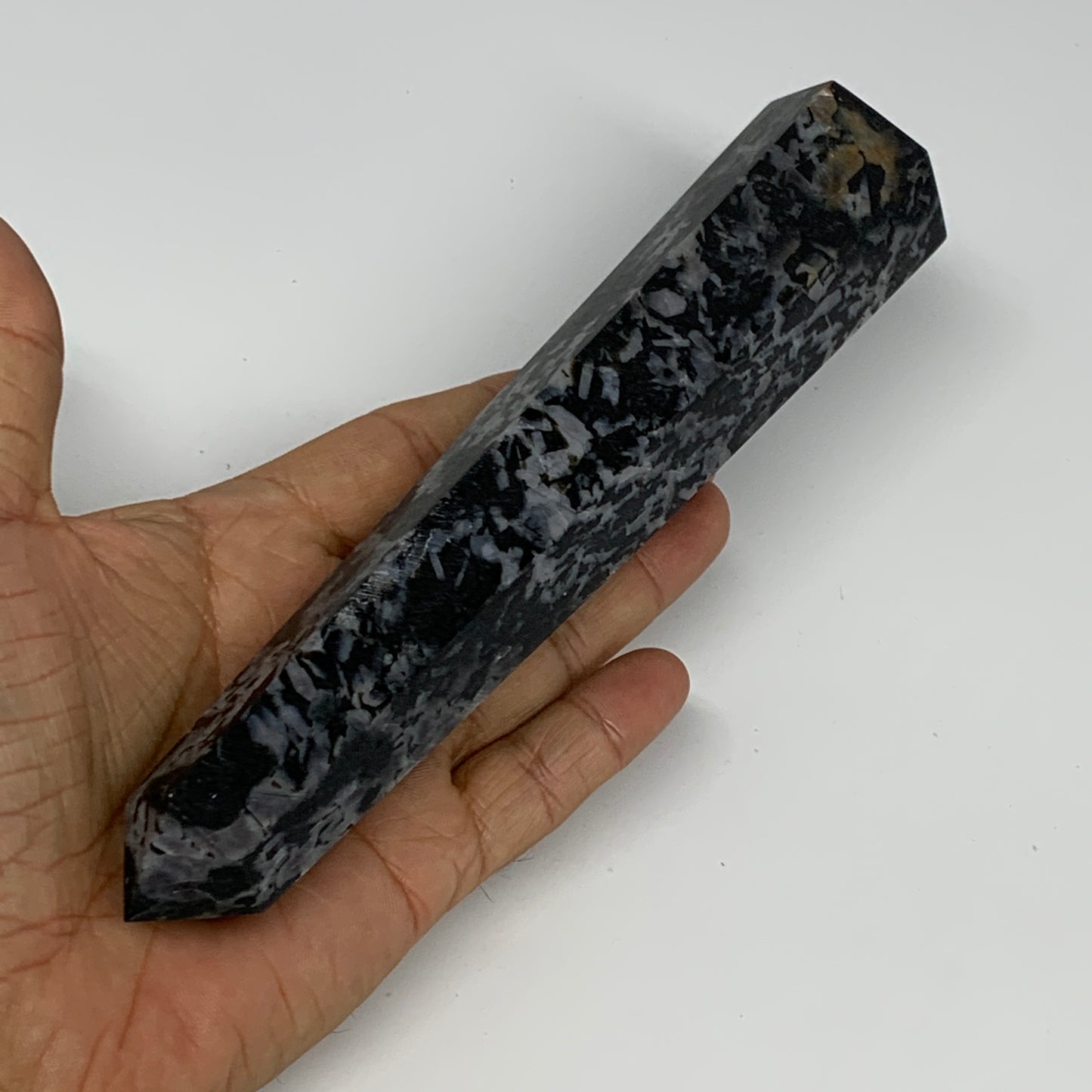 360.2g, 7.6" x 1.5" x 1.3" Indigo Gabro Merlinite Point Tower @Madagascar,B18383