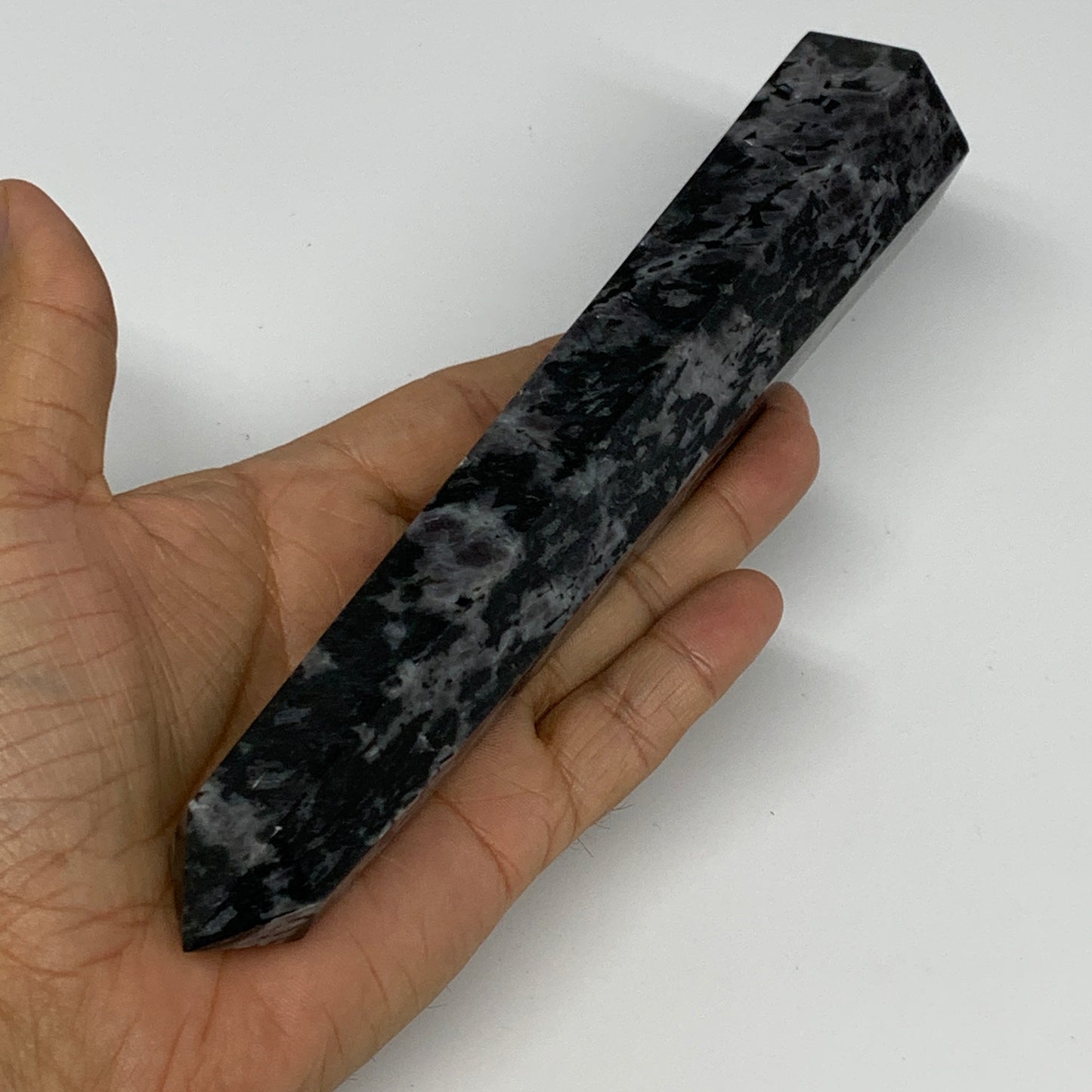 360.2g, 7.6" x 1.5" x 1.3" Indigo Gabro Merlinite Point Tower @Madagascar,B18383