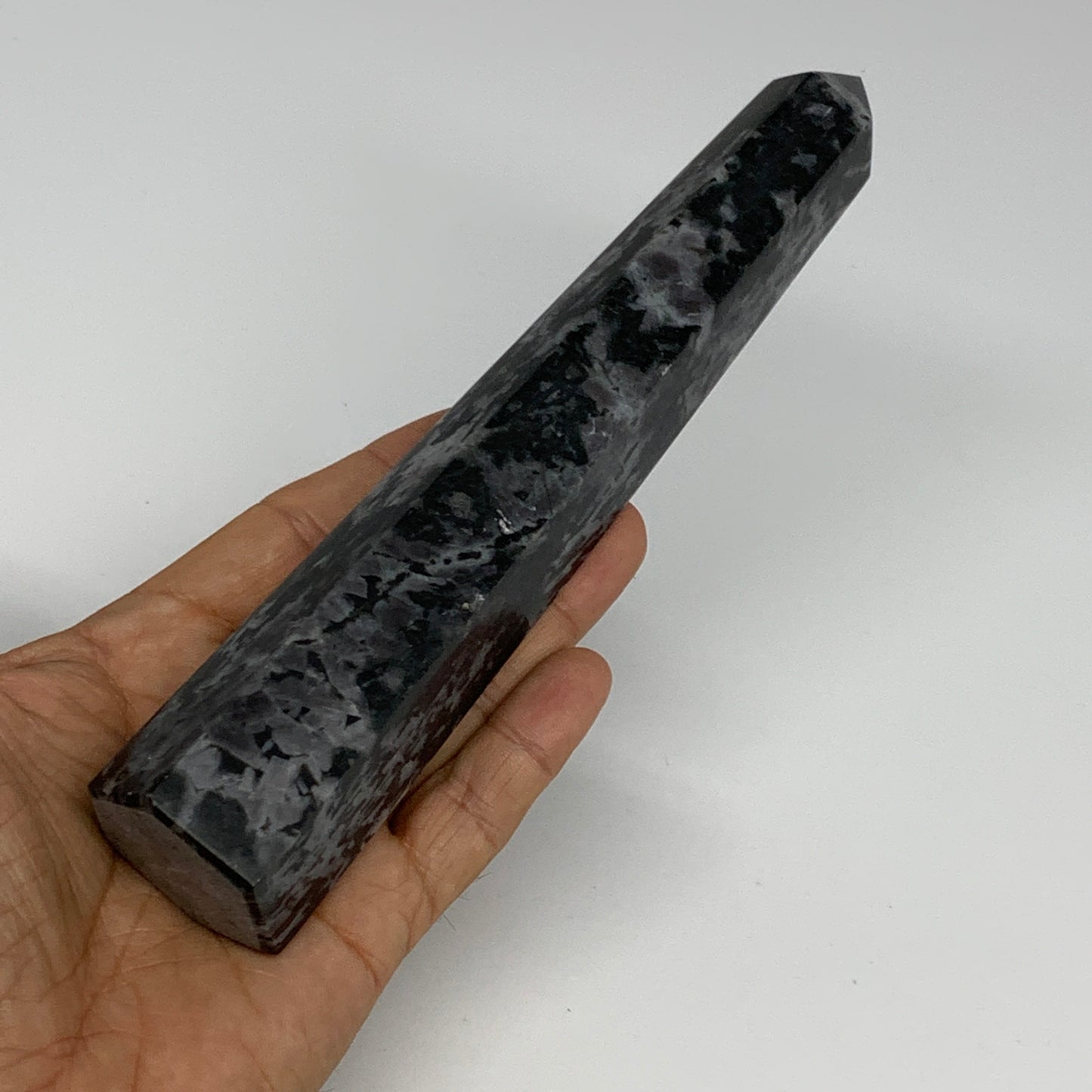 360.2g, 7.6" x 1.5" x 1.3" Indigo Gabro Merlinite Point Tower @Madagascar,B18383