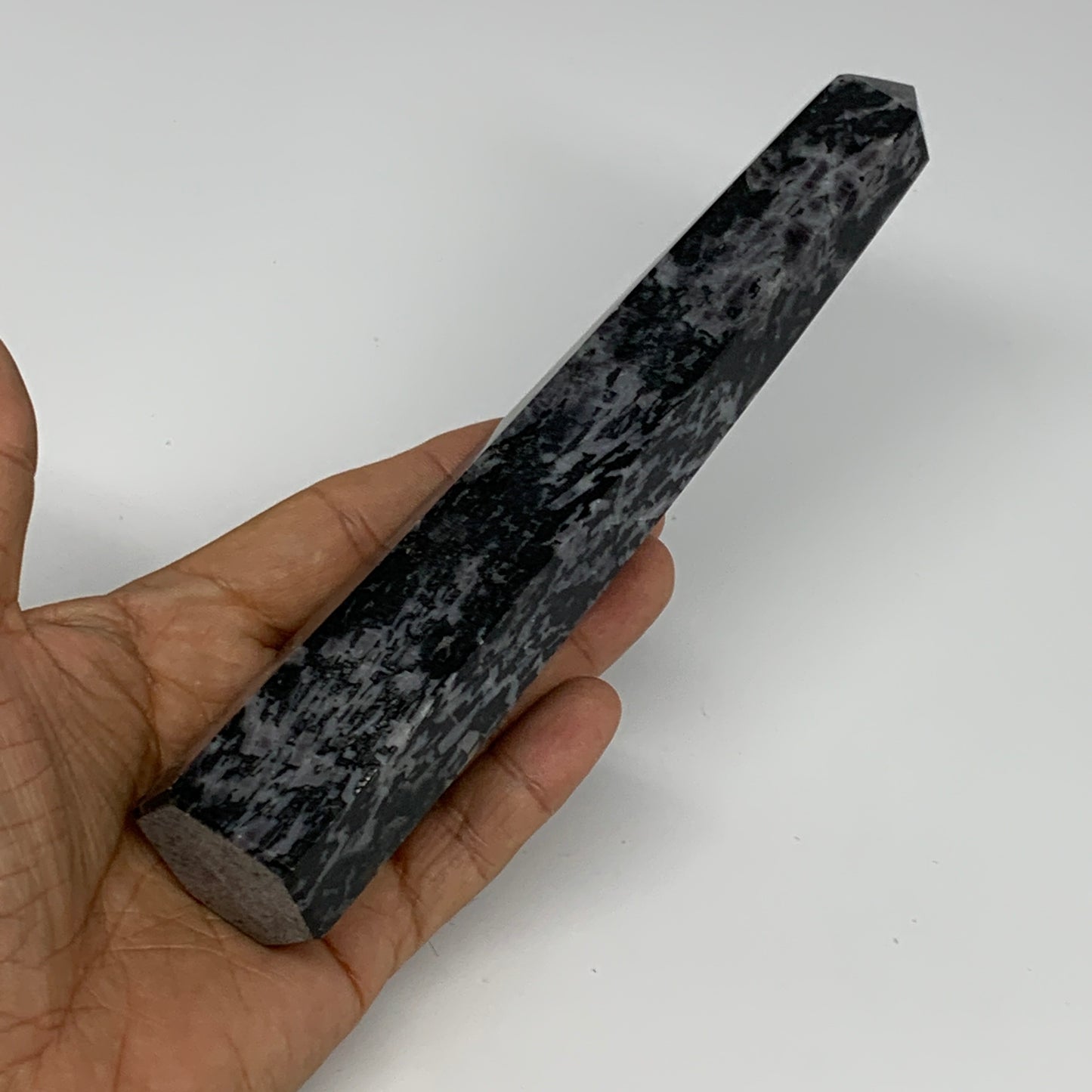 360.2g, 7.6" x 1.5" x 1.3" Indigo Gabro Merlinite Point Tower @Madagascar,B18383
